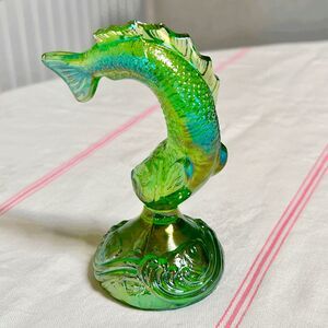 Vintage Fenton Art Glass Carnival Green Leaping Jumping Fish Trout 5.75"